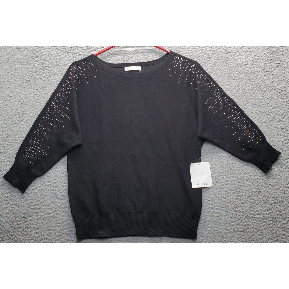 89th & Madison Sweater Womens S Black Beaded Raglan Sleeve Round Neck Pullover